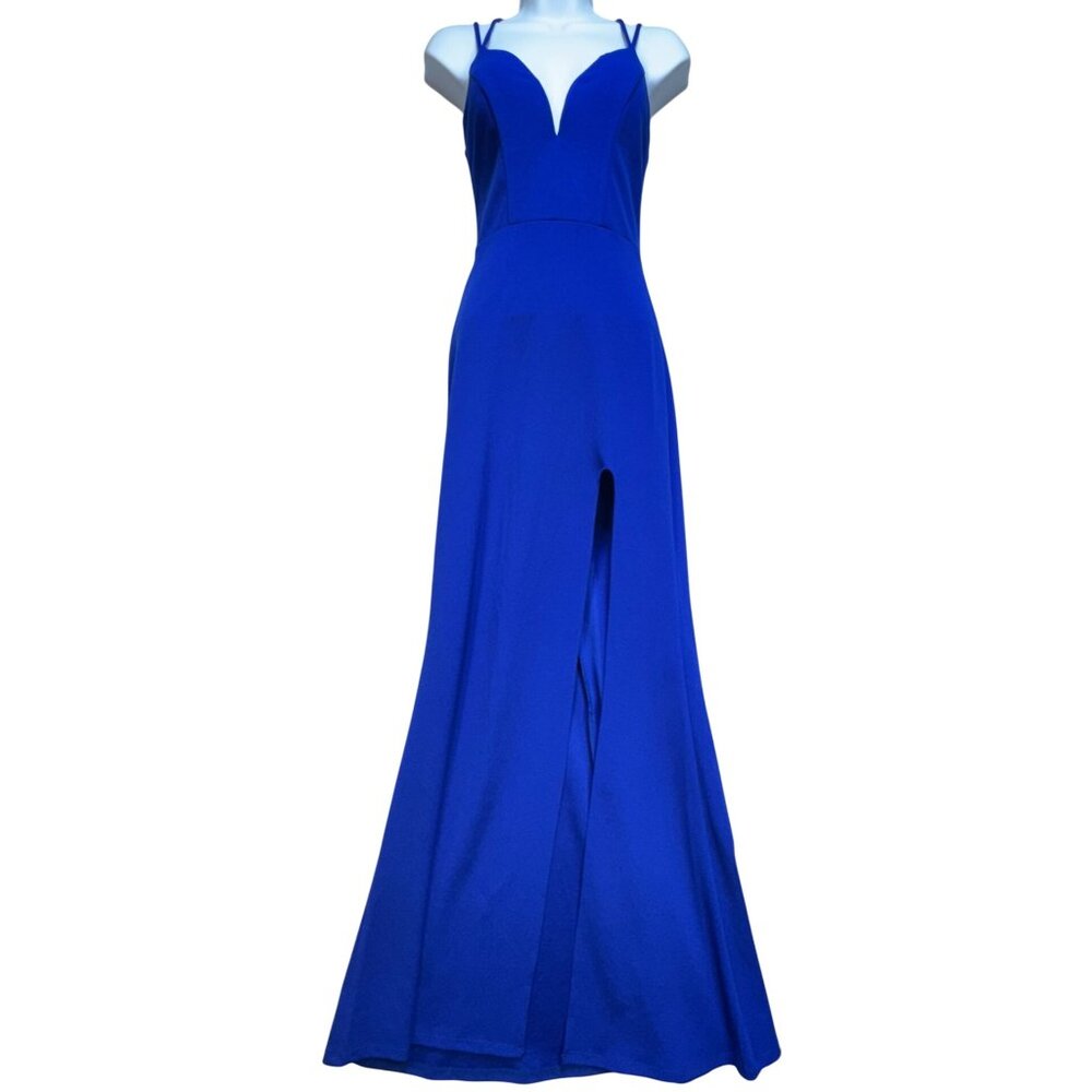 City Studio Women's Side Slit V Neck Maxi Dress Sleeveless Stretch Size 1 Blue